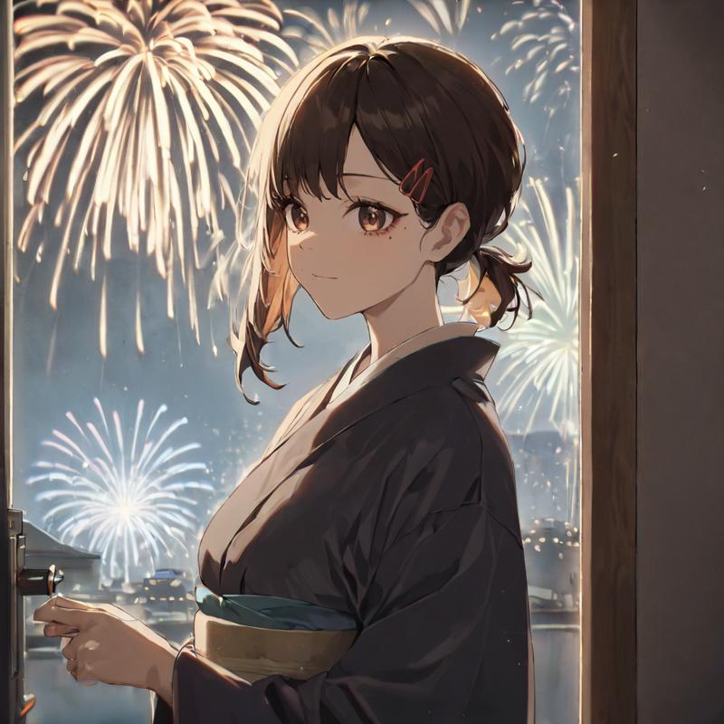 38559-115769964-1girl, higashiyama kobeni, wearing kimono with firework in background, (masterpiece), cinematic, beautiful light, best quality,.png